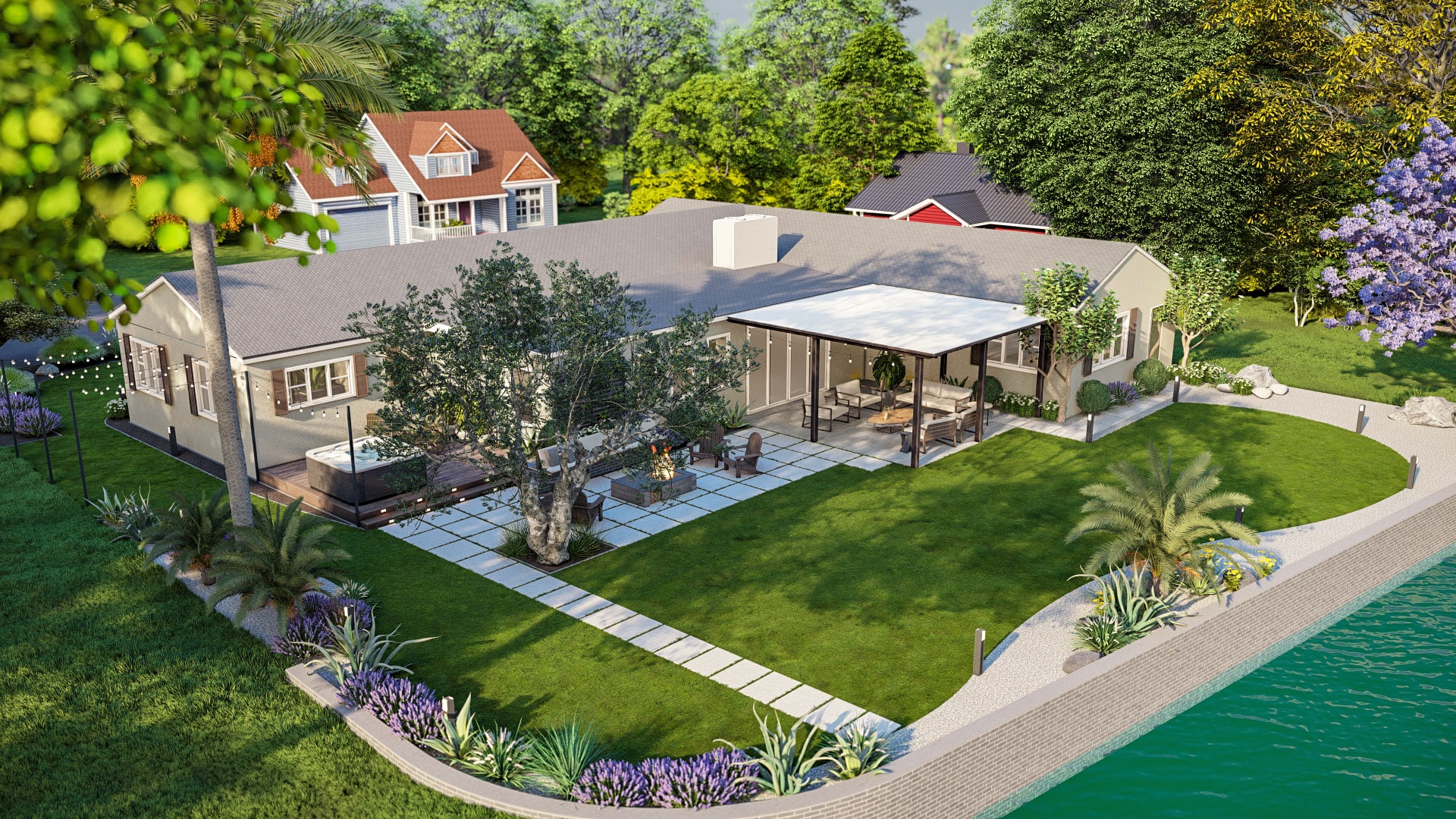 Homely Design-aerial-view-lakeside-home-backyard-patio-garden